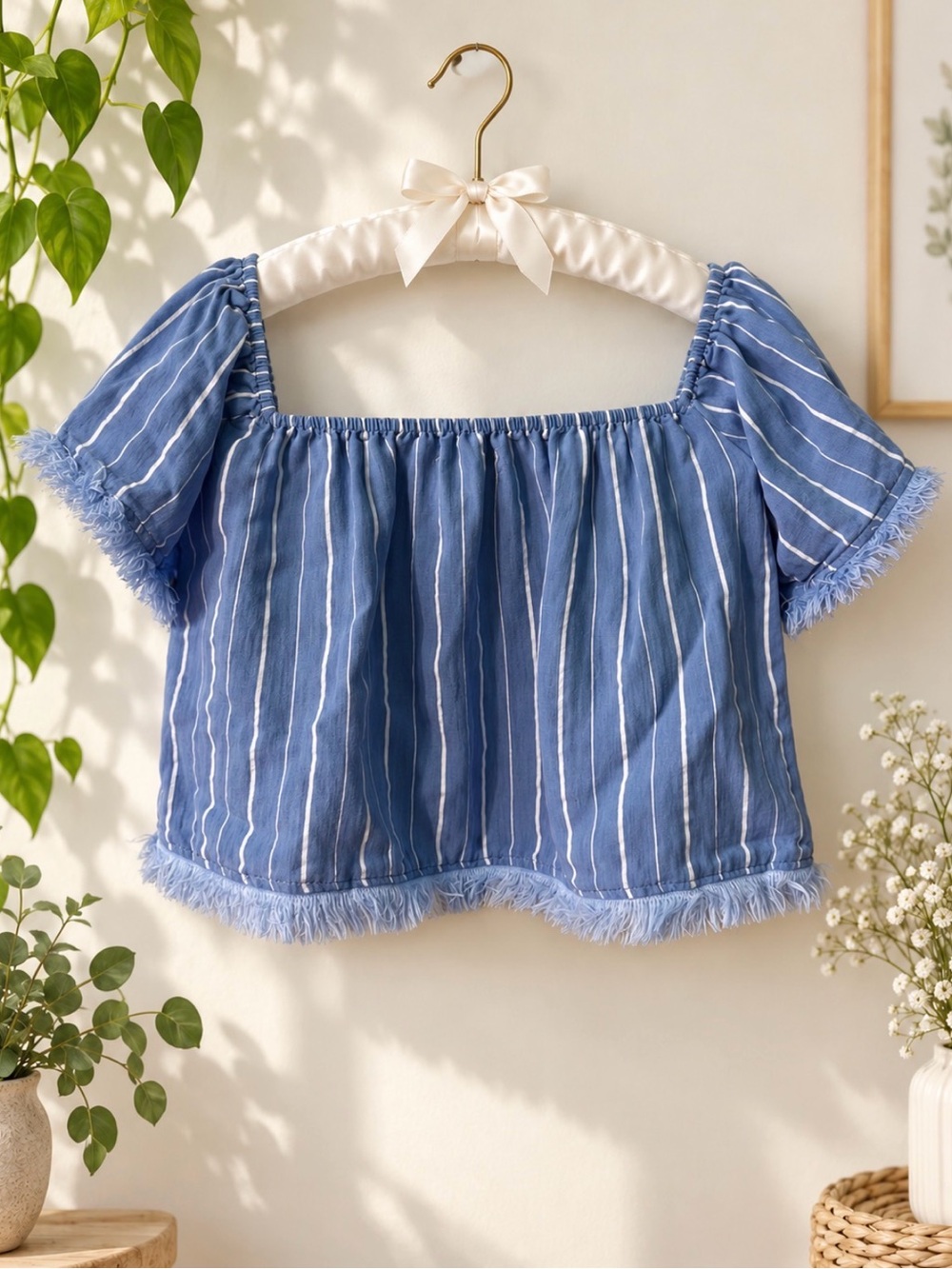 Hot & Delicious denim blue and white crop top trendy shirt size small - Picture 3 of 5